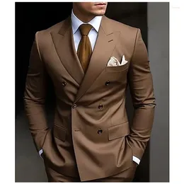 Men's Suits Brown Double Breasted Formal Peaked Lapel Blazer Wedding Groom Business Slim Fit Bespoke Jacket Pants 2 Pieces Set