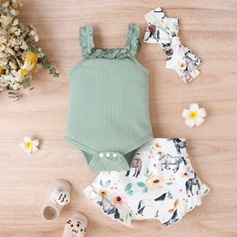 ma&baby 0-18M Newborn Infant Baby Girls Clothes Sets Summer Knit Rompers Floral Cow Print Shorts Headband Outfits D06