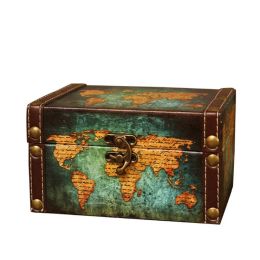 Leather European Style Letters World Map Multipurpose Retro Treasure Chest Keepsake Case Storage Box Sundries Organizer