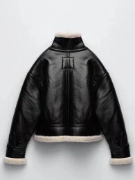 Women Warm Faux Leather Shearling Jacket Coat Vintage Thick Long Sleeve Pocket Female Outwear Fleece Lapel Casual Chic Tops 2023
