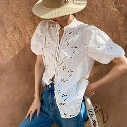 Women's Blouses Classic Embroidered Shirt 2024 Spring/Summer French White Short Sleeved Cotton