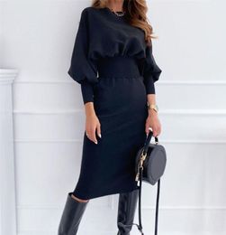 Fashion Oneck Long Sleeve Pencil Dress Women Autumn Winter Black Pink Bodycon Elegant Office Woman Dresses Robe Femme 2202268721088