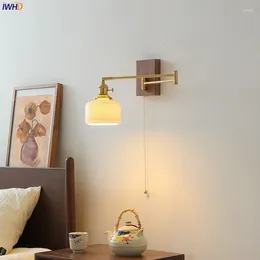 Wall Lamp IWHD Walnut Ceramic LED Beside Copper Arm Left Right Rotate Pull Chain Switch Bathroom Mirror Stair Light Wandlamp