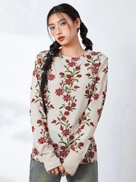 Women's Sweaters Women Retro Long Sleeve Shirt Elegant Crew Neck Floral Print Crop Top Fairy Bodycon T-shirt Spring Blouse Streetwear