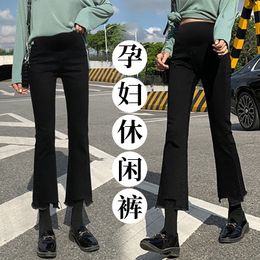 2023 Korean Style Pregnancy Denim Trousers Irregular Tassel Hem High Waist Maternity Jeans Vintage Pregnant Women's Belly Pants