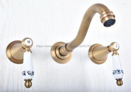 Bathroom Sink Faucets Antique Brass Basin Mix Tap Dual Ceramics Handles Wall Mounted Kitchen Mixer Faucet Nsf515