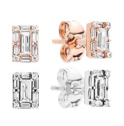 Rose Gold Square Halo Stud Earrings Real 925 Silver Women Men Party Jewelry Set with Original Box For CZ diamond girlfriend gift Earring8325521