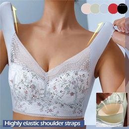 Yoga Outfit Sexy Floral Thin Lace Back Lingerie Push Up Bra Fixed Cup Large Chest Showing Small Size Seamless Vest Breathable Underwear 2024