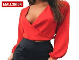 MALLSHION Chiffon Blouse Women Long Sleeve Elegant Sexy Deep VNeck Backless Bow Crop Tops 2018 Shirt Women Summer Tops19038751