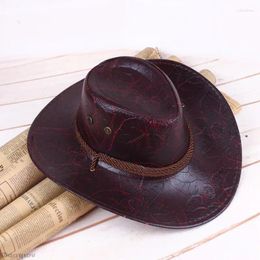 Berets PU Leather Western Cowboy Hats Vintage Sombrero Hombre Cap Gentleman Cowgirl Jazz Hat Holidays Party Cosplay