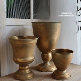 Vases Vintage Old Iron Flower Vase Golden Bowl Shape Nordic Retro Art Goblet Flowerpot Pot Classical Floral Home Decoration