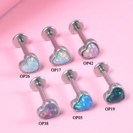 1PC Surgical Steel Opal Helix Tragus Heart Earring Labret Lip Cartilage Piercing Jewellery Internally Thread 1.0mm Screw Fit 16G