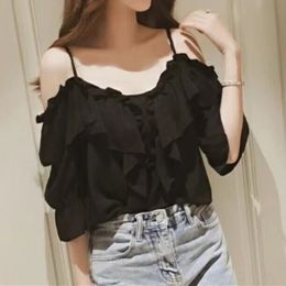 2023 Summer Women Off Shoulder Blouse Short Sleeve Shirt Ladies Loose Shirts White Black Women Ruffles Tops