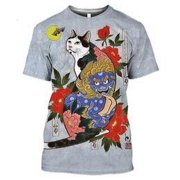 Vintage T-shirt Samurai Cat Tattoo Shirt Men's 3D Cool Print Art Classic Shirt Summer Round Neck T-shirt