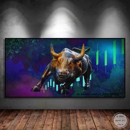 Motivational Bull of Wall Street Stock Market Trading Dollar Art Poster Canvas Painting Wall Print Picture for Office Home Decor