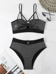 Women's Swimwear High Waist Bikini 2024 Women Shiny Brozing Black Halter Ring Linked Push Up Swimsuit Bathing Suit Buckle Two Piece