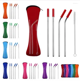 Drinking Straws 6 215mm Portable Stainless Steel Straw Set Silicone Tip Cover Travel Storage Bag