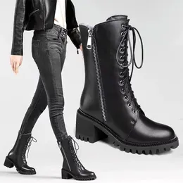 Boots 2024 Winter Motorcycle Buckle Women British Style Mid-calf Women's Short Boot Gothic Square Heel Shoes Plus Size