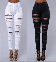 High Street Women Skinny Jeans Sexy Ripped Skin Tight Jeans Fashion Black and White Pencil Denim Pants9832455