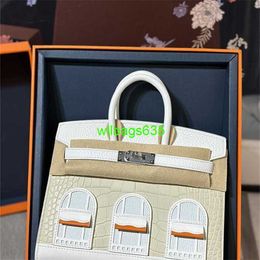 House Platinum Bags Bk Leather Handbags Platinum Bag Small House First Snow Glacier White 8l Imported American Crocodile 20cm Hand Sewn Blo have logo HBAF