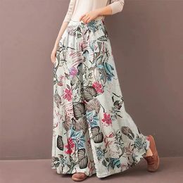 Fashion Office Drawstring Bohemia Wide Leg Pants For Women Casual Loose Elastic Waist Trousers Ladies Elegant Floral Print Pant 240402