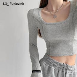 Women's T Shirts LQFunwink Short U Neck Top Women Spring Autumn Slim Crop Tops Korean Style Long Sleeve Tees Solid Sexy Basic Shirt