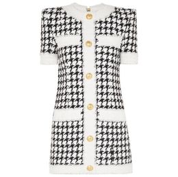 Fall Winter Designer Dress Women039s Short Sleeve Fringed Houndstooth Tweed Dress6802242