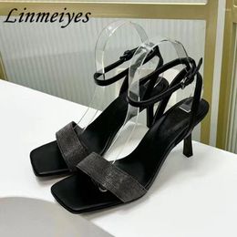 Sandals Summer High Heels Woman Chain String Bead Narrow Band Runway Shoes Suede Leather Thin Women