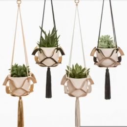 Faux Leather Swing Succulents Hanging Basket Multifunctional Hollow Plant Hanger Folding Tray Hanging Basket with Rope