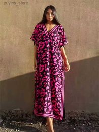 Basic Casual Dresses 2024 Summer Red Printed Stripes Sexy V Neck Beach Kaftan Dress Plus Size Women Clothing Boho Short Sleeve Maxi Dresses Q1609 L49