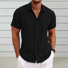 Men's Casual Shirts Men Flax Shirt Stylish Lapel Short Sleeve With Loose Fit Button Placket Solid Colour Top For Male Clothing