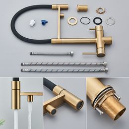 Brushed Gold Kitchen Faucet Purifier Faucets Drinking Water Tap Dual Spout Filtered Crane Hot Cold Mixer Tap Deck Mounted