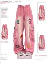 Women's Jeans American Retro Cartoon Embroidery Pink Tool Jeans Womens High Street Design Loose Straight Wide Leg Pants Washed Cloth in 1988 C240411