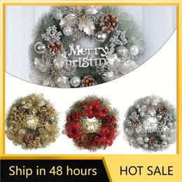 Decorative Flowers Christmas Wreath Bow Ball Big Red Flower Navidad Garland Xmas Hanging Pendant For Wall Door Fireplace Window