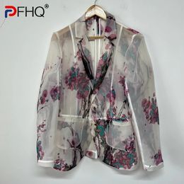 PFHQ Mens Elegant Fresh Plum Blossom Printing Suit Coat Perspective Organza Designer China-Chic Autumn Blazers Coat 21Z2118 240329