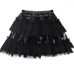 Skirts Women Black PVC Faux Leather Short Skirt Mesh Patchwork Latex Mini Gothic Rock Pu
