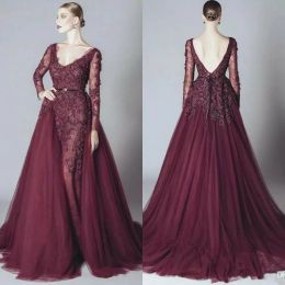 Elie Saab Elegant Evening Dresses Lace Appliques V Neck Prom Gowns 2024 Long Sleeves Backless Detachable Train Special Occasion Dress