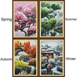DIY Scenery Four Seasons Cross Stitch Complete Kits Autumn Pattern Printed Fabric Full Embroidery Set Needlework Home Decoration