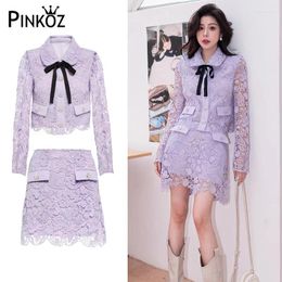 Work Dresses Pinkoz Runway Designer Two Pieces Set Violet Lace High Quality Single Breasted Buttons Bow Shirt Tops Mini Skirts Suits Party