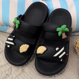 Slippers Coco Shells Decor Soft Sole Thick Bottom Women Slides Double Band Bathroom Beach Indoor Sandals Summer Couple Shoes