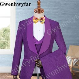 Gwenhwyfar Shawl Lapel Latest Coat Design Men Purple Suits Tailor-Made Tuxedo 3 Pieces Blazer Wedding Party Groom Costume Homme