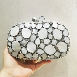 Silver Metal White Shell Wedding Purses Crystal Evening Bag Women Party Dinner Clutches WHTUOHENG Luxury Lady Diamond Handbags