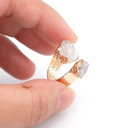 Irregular Crystal Quartz Open Ring for Women Girls Gold-color Double Side Raw Stone Finger Jewelry Resizable