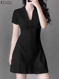 ZANZEA Elegant Lapel Vneck Short Sleeve Dress Office Wear Women Corset Cinched Waist Mini Fashion Aline Vestidos 240411