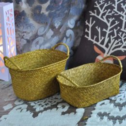 Handmade DIY Straw Flower Pot Basket Fruit Sundries Organiser Foldable Laundry Straw Patchwork Wicker Rattan Seagrass Belly