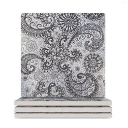 Table Mats Black And White Floral Paisley Doodle #1 Ceramic Coasters (Square) Plate For Cups Set Drinks