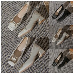 2024 Luxury Designer High square toe white womens fashionable middle heels soft soles thick heels and single shoes