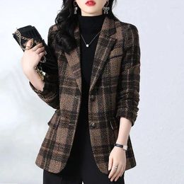 Women's Suits Plaid Wool Suit Women Coat2024 Autumn Winter Fashion Korean Long Sleeve Blazer Jacket Casual Office Female Tops