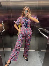 Spring Flower Printing Long Pant Set Women Elegant O Neck Lace Up Short Sleeve Shirts Wide Leg Trousers Chic Lady 2 Pieces Sets 240402