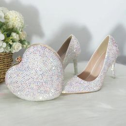 Dress Shoes Arrival 2024 White AB Bling Crystal Pointed Toe Wedding Bags Woman High Pumps Thin Heel Party Slingbacks